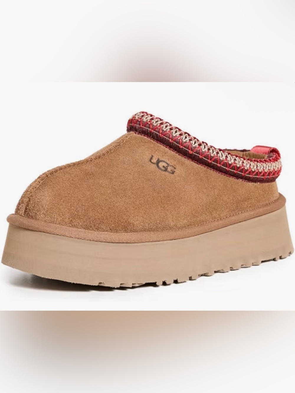 UGG Chestnut Suede Slip-On Platform Clog TAZZ II with Red Trim